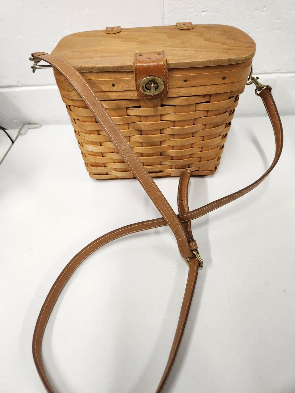 Vintage Longaberger Handwoven Wooden Basket Crossbody Purse, Lined. Signed 1996